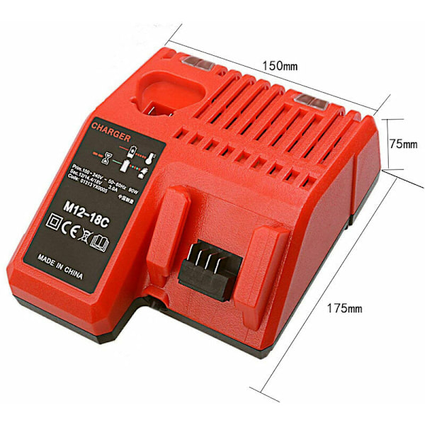 M12-18C Li-ion batterilader for Milwaukee 12V, 14,4V og 18V batterier - Kompatibel med C1418C og mer.