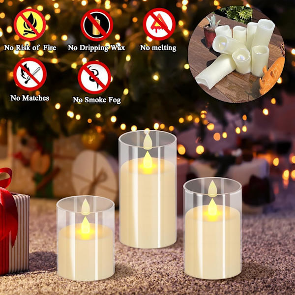 Flamlösa stearinljus 4\" 5\" 6\" Set om 3 Akrylglas Pelare 3\" Diameter Batteridrivna Flimrande Ljus White