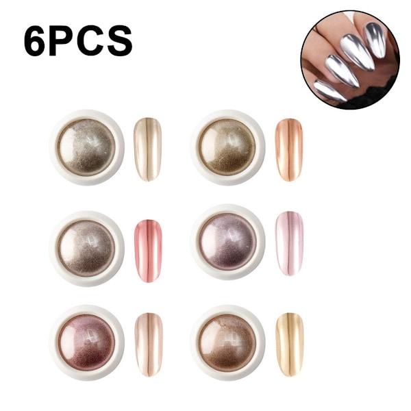 Förpackning med 6 kromglitterpulver, nagelkonstpulver, spegeleffekt krompigment