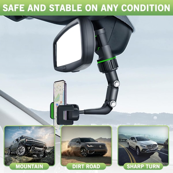 Bilholder til bakspejl - 360° drejelig og udtrækkelig biltelefonholder med justerbar bakspejltelefonholder Rearview Mirror Phone Holder