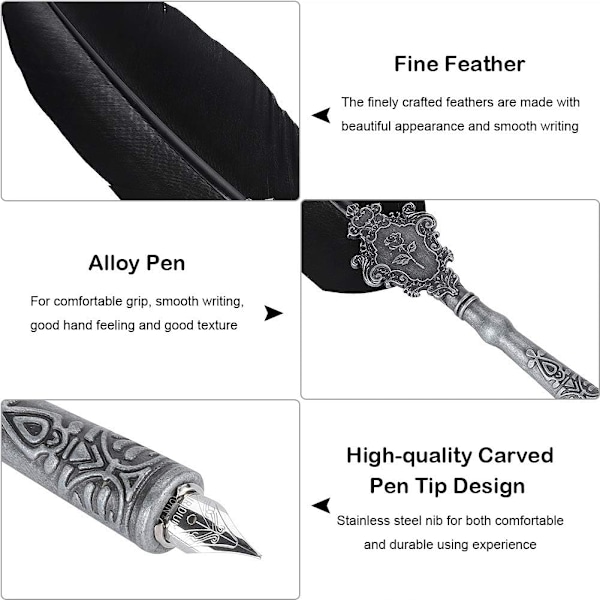 Harry Potter Gave Feather Pen Retro Pen Alloy Feather Writing med Nibs Sæt Fountain Pen med Blækflaske Sort (Sort)