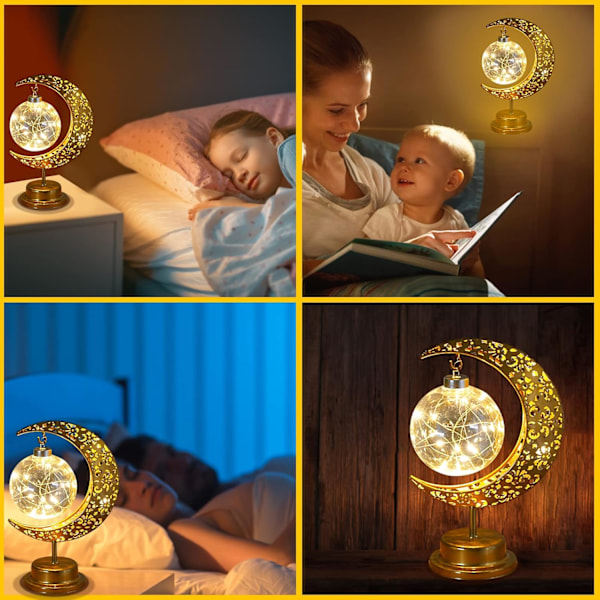 Ramadan bordlampe med halvmåne, skinnende metall, stjernelampe, månelampe, batteridrevet, dekorativ Eid-lampe, nattlys, månelys for bar Moon ball hook