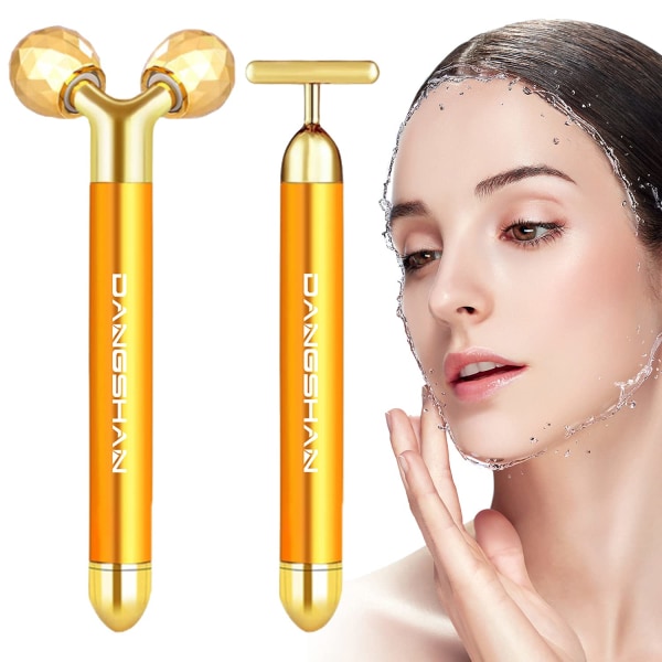 2-i-1 skönhetsbar 24K Golden Face Massager, T-form och 3D Roller Facial Massager Hudvård Verktyg