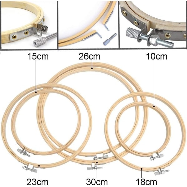6 stk. broderirammesæt i træ, runde