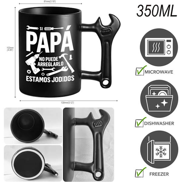 Morsom kopp til pappa - Hvis pappa ikke kan fikse det... - Original farsdagsgave - 350ml - Svart kopp med håndtak formet som en skiftenøkkel