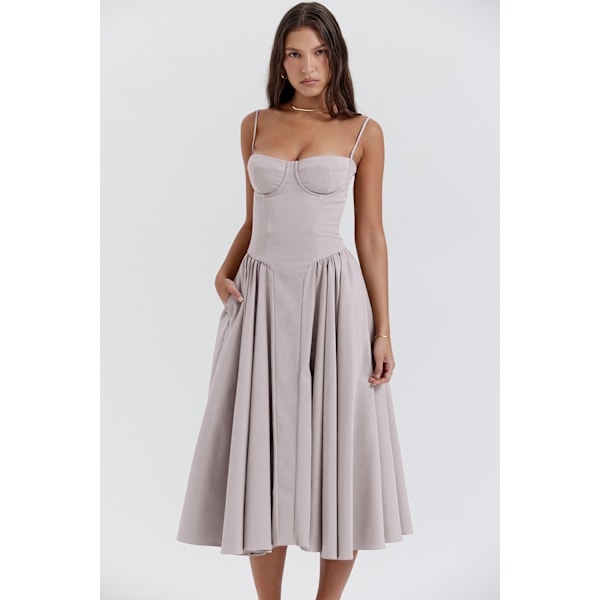 Ny fransk vintage lang kjole palass stil stropp kjole jente lys grå L light grey l