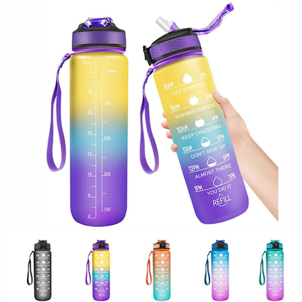 1 l vattenflaska med sugrör och timer Yellow-Purple