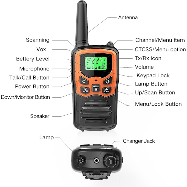 Vuxen långdistansintercom med 22 FRS-kanaler, familjeintercom med LED-ficklampa VOX LCD-skärm för vandring och campingturer (Orange 2-pack)