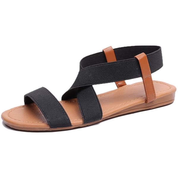 Elastiska söta platta sandaler för kvinnor Casual Summer Beach Shoes Sandal Semesterresor Gladiator Sandaler ------ Svart（Storlek 40）