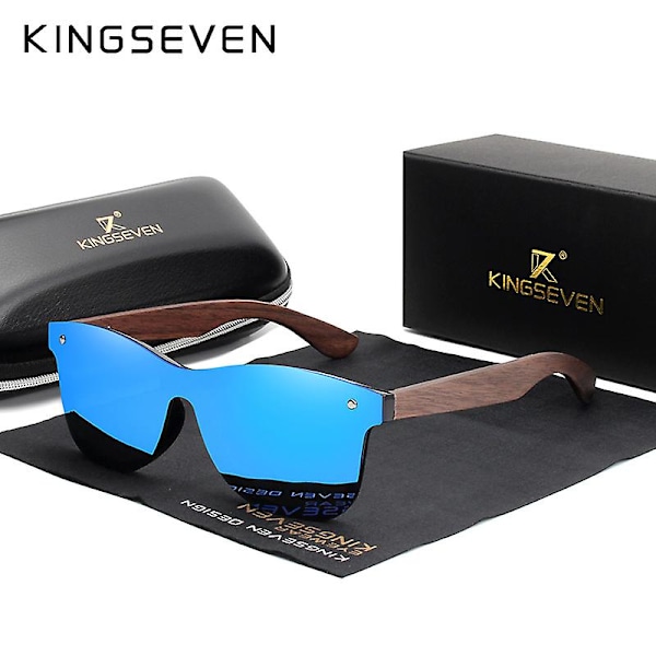 KINGSEVEN Håndlagde Solbriller for Menn Polarisert Valnøtt Tre Øyenbryn Kvinner Speil Vintage Oculos de sol masculino UV400 Blå valnøtttre Blue walnut wood With Leather Case