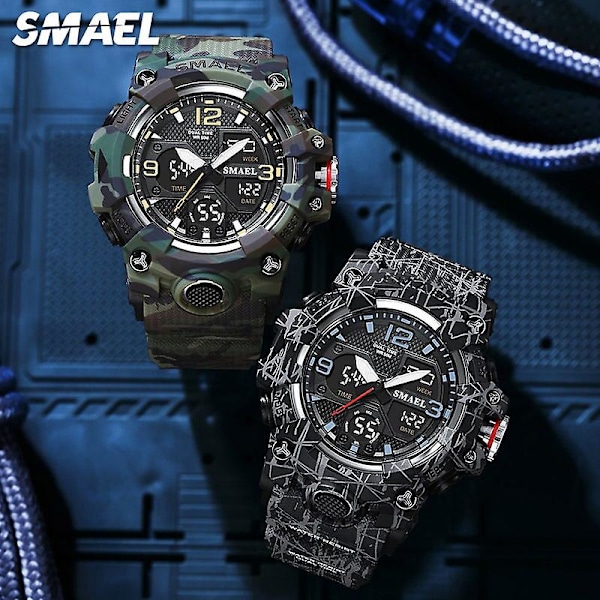 Smael Dual Time Klokke For Menn Mote Vanntett Kvarts Digital Armbåndsur Vekkerklokke Led Baklys Kalender Klokker 8008 Camo Gray-Box