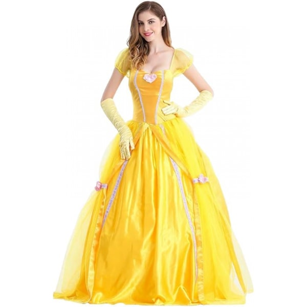 Belle kjole voksen prinsesse kostume fest karneval cosplay performance halloween gul kostume med handsker, XXL