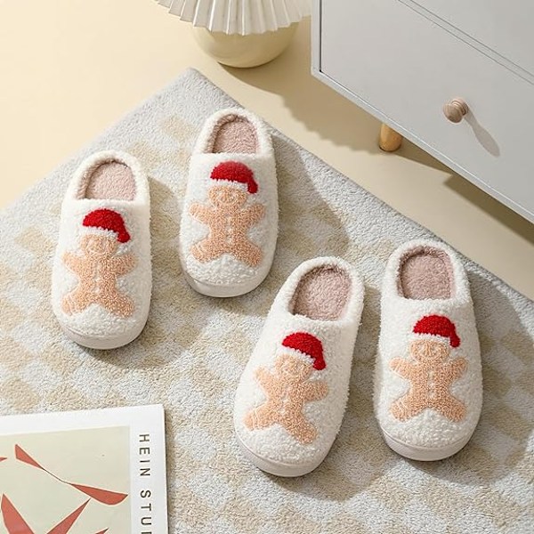 Damtofflor med jultema - Söta tecknade fluffiga varma inomhustofflor med pepparkaksmän Gingerbread Man 39-40
