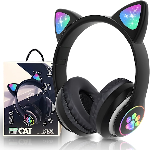 Bluetooth-hörlurar för barn, söta öron katthörlurar LED-ljus uppfällbara hörlurar stereo over ear med mikrofon/TF-kort trådlösa hörlurar för iPhone Black