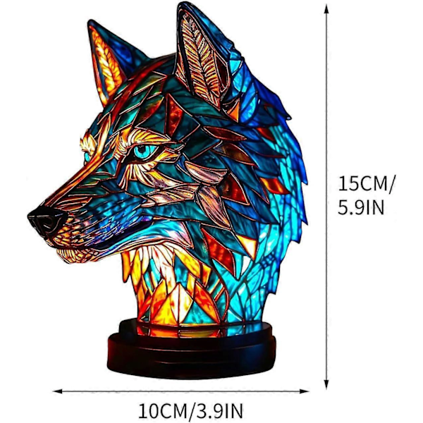 Bordlampe i farget glass formet som dyr, bohemsk harpiksdyrelampe for soverom, stue, hjemmekontor, dekorasjonsgave [GKS] Wolf