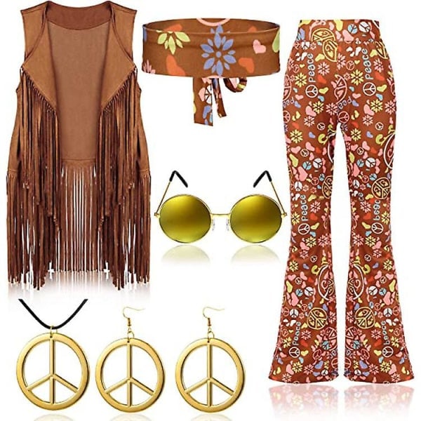 70s Hippie Party Retro Costume Tassel Vest+pants+scarf Costume Camel color L