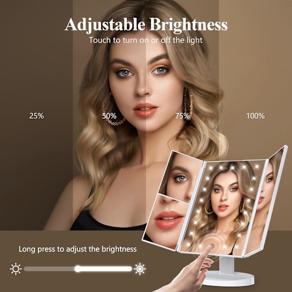 Sminkspegel Sminkbordsspegel med Ljus, 2X 3X 10X Förstoring, Touchkontroll, Tri-Fold Smink Spegel, Dubbel Strömförsörjning, Bärbar LED Smink Spegel