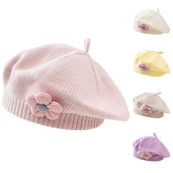 Barn Vinter Fransk Baskerlue Med Blomster Bonnet Lue Strikket Ull Kunstner Malerlue Gaver Pink