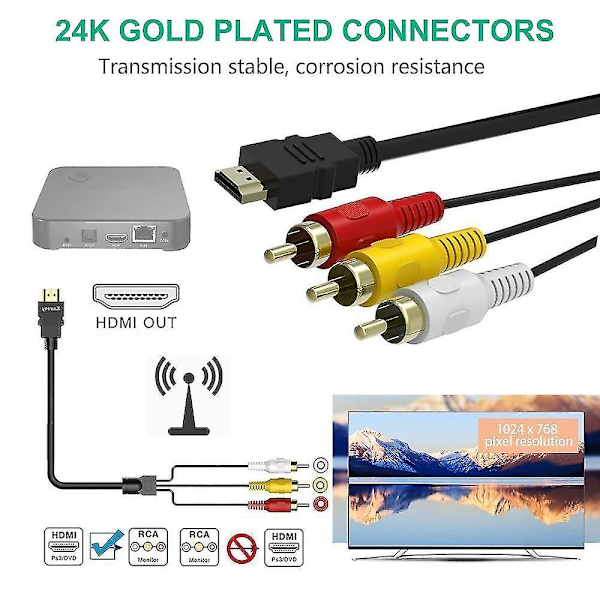 HDMI til RCA-kabel, 1080p 5 fot/1,5 m HDMI hann til 3-RCA video lyd AV kabelkontakt adapter sender kompatibel med TV HDTV DVD høy kvalitet