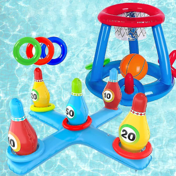 Inflatable pool basketball toy set, floating swimming ring and beach ball toss game summer party