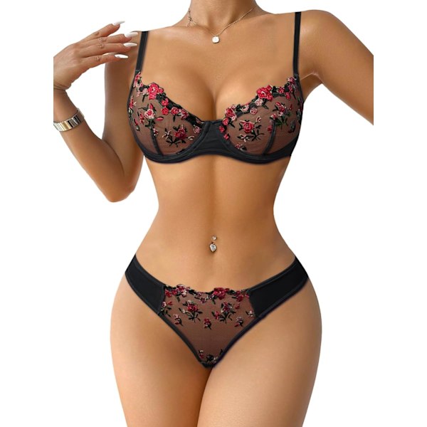 osy Sexy Underwire Søt Transparent Kawaii Strømpebånd Undertøy Set BH og Truser 3 Deler Blomst Svart X-Large