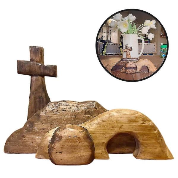 Den tomma graven påskscen och korsdekoration, Jesus-graven påskbricka-paket, träpåsk-Jesusskylt Tiered brickdekorationer