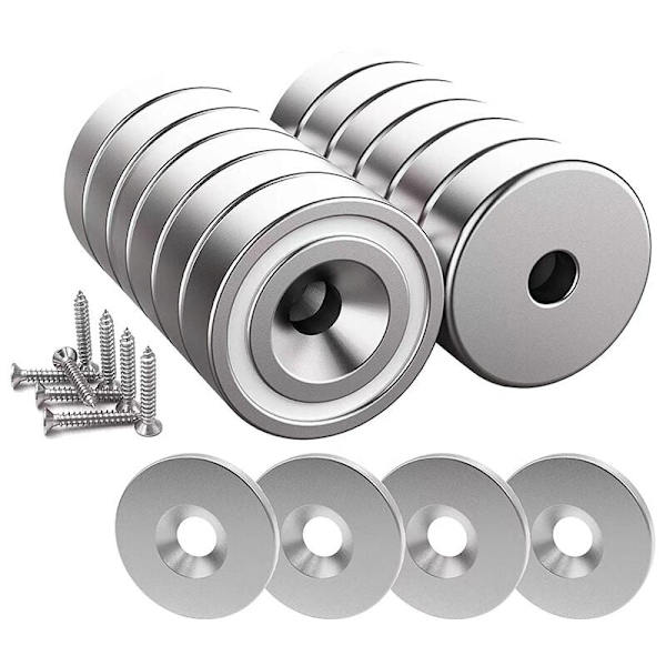 12 neodyymimagneettia, 10 kg:n vetovoima, 20 x 7 mm, reiällä ja kapselilla, uppomagneetti ruuveilla ja 12 teräspalaa (kiiltävä hopea)