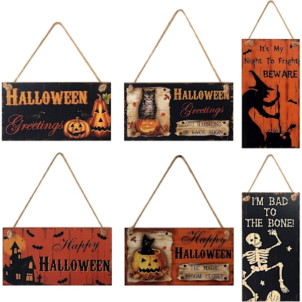 Halloween-puuplakatit, 6 kpl Hauskaa Halloweenia Ovi- ja Seinäplakatit