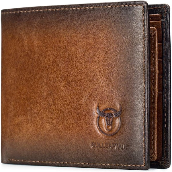 RFID Tegnebøger til Mænd, Slank Bifold Ægte Læder Tegnebog med 2 ID Vinduer Frontlomme QB-05 (Brun) Brown