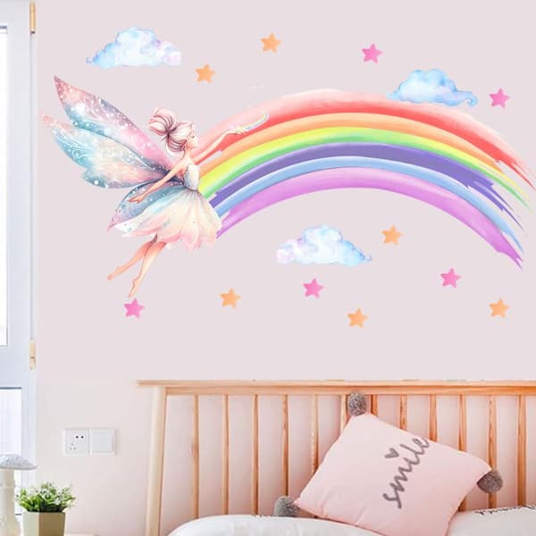 Tecknad älvflicka regnbåge väggdekal flickrum molnälva vägg Multicolor