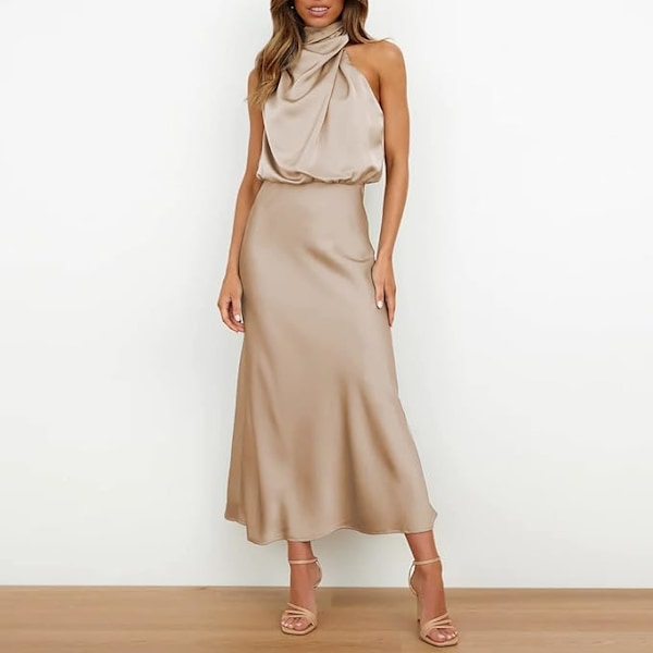 Sexy Kort Satin Kjole til Kvinder, Sommerlig Formel Lang Kjole, Mock Neck, Ærmeløs, Slids i Siden, Flydende Ærmeløs Maxi Skørter, Elegante Kvinders Skørter apricot S