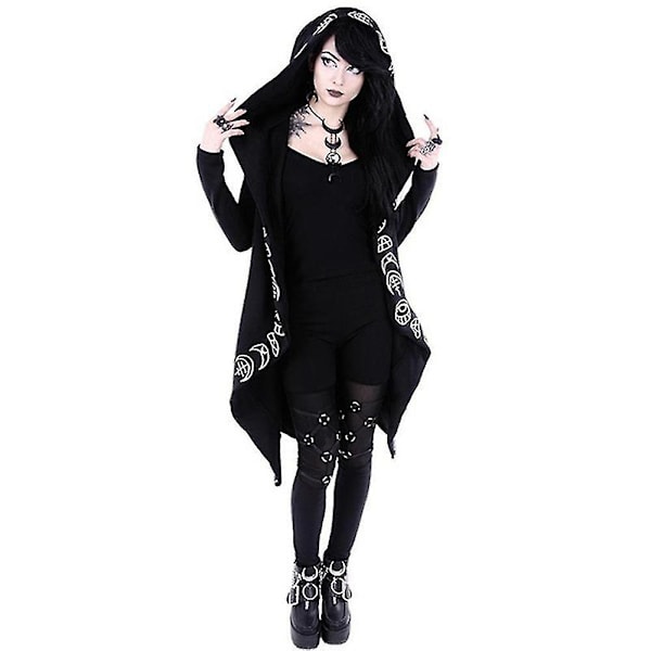 Dam Gothic Stylish Punk Huvtröja Lös Jacka Ytterplagg Långärmad Öppen Fram Kavaj Halloween XL