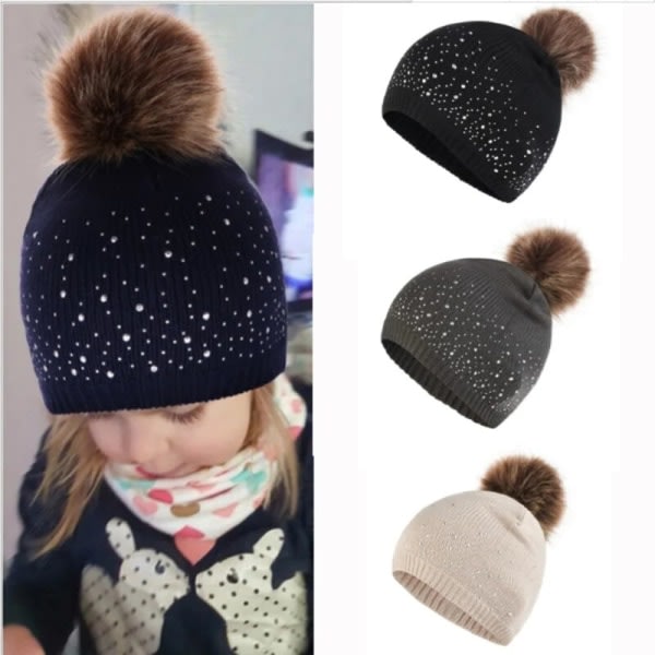 Mode Rhinestone Inlay Solid Color Baby Pompom Hat beige