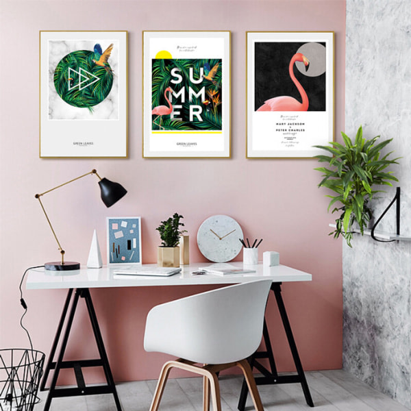 Sommarflamingos väggkonst Print affisch, enkel modekonstteckningsdekor (set med 3 oinramade, 16'x20')