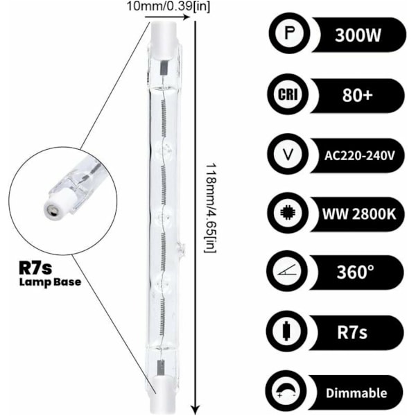 300W dimbar halogenlampe varmhvit AC220-240V J118 lineær (5 stk)