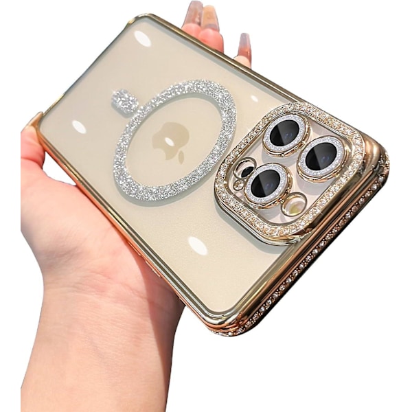 Magsafe Magnetisk Lyx Plätering Bling Strass Diamant Glittrande Stöttåligt Skal För Iphone 15 Pro Max 15 Ultra Gold