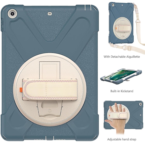 Nytt etui med håndstroppdesign for iPad 9,7 tommer med skulderstropp, justerbart stativ, pennholder, fallbeskyttelse (Kornblomstblå)