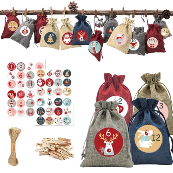 Adventskalendrar Små påsar med dragsko för att fylla julens set Återanvändbar gör-det-själv Gör din egen adventskalender