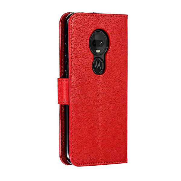 Nahkakotelo höyhenkuviolla ja litsikuviolla, vaakasuuntainen läppäkotelo lompakolla, pidikkeellä ja korttipaikoilla Motorola Moto G7 Play -puhelimelle Red