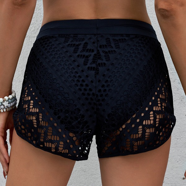 Höga midjeshorts för dam, spetsshorts för bad, badkläder, svart, S
