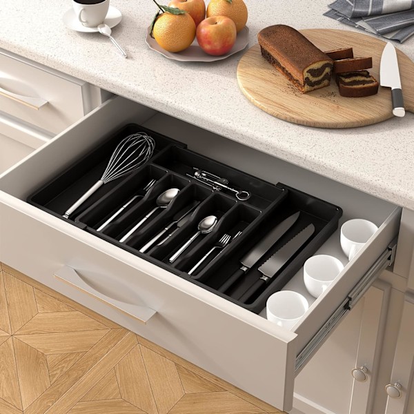 Sølvbestik Skuffe Organizer, BPA Fri Bestik Holder, Justerbar Plastik Opbevaring til Skeer Gaffler Knive, Stor, Sort Black