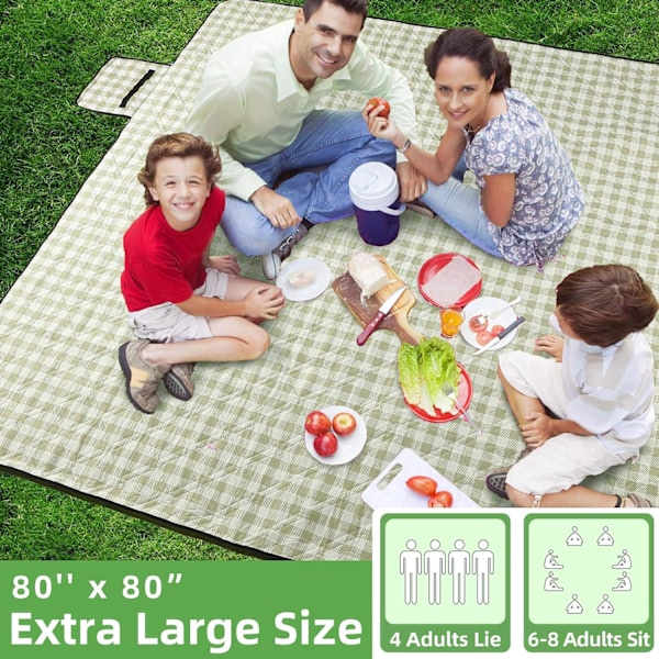 Extra Stor Picknickfilt Utomhus, 203x152 cm Vattentät Vikbar Filt Rutig Picknickmatta för Strand, Camping Gräsmatta Park (Grön Vit)