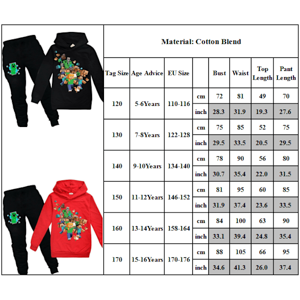 Minecraft Børne Hoodies Træningsoverall Sæt Hættetrøje + Bukser Jumper Suit Sort Black 150cm