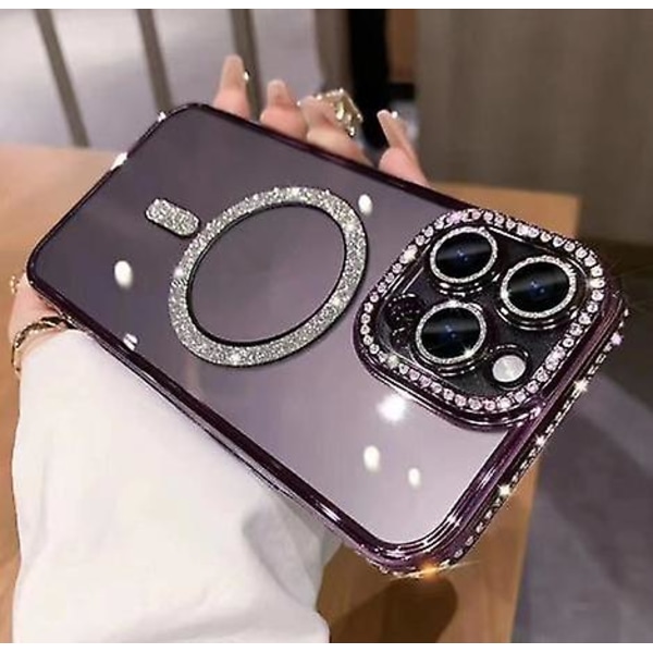 Magsafe Magnetisk Lyx Plätering Bling Strass Diamant Glittrande Stöttåligt Skal För Iphone 15 Pro Max 15 Ultra Purple