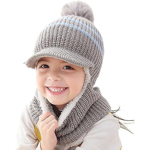 Sztxj Vinter Varma Barn Stickade Fleece Mössa Hatt Med Visir Huva Öronlapp Mössor För Flickor Pojkar Ull Mohair Flerfärgad, Grå