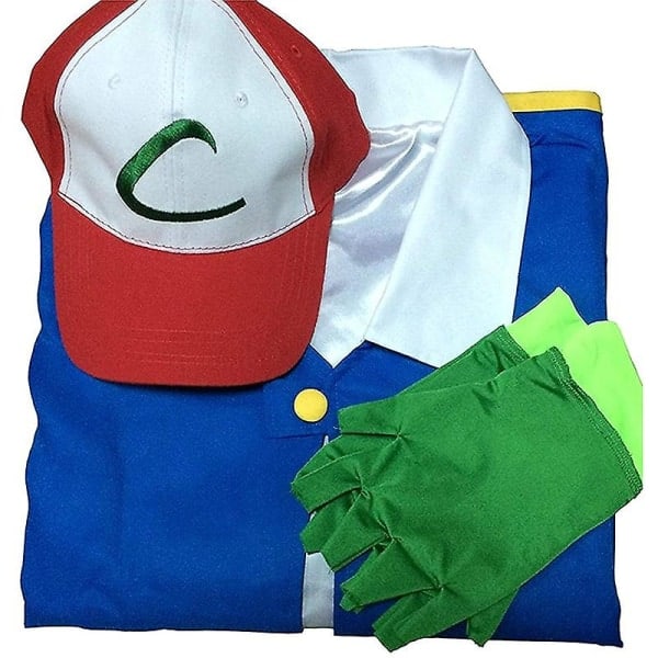 Anime Trener Kostyme for Menn Gutter Ash Ketchum Voksen Cosplay for Jenter Halloween Blå Jakke Cap og Hansker Sett XL