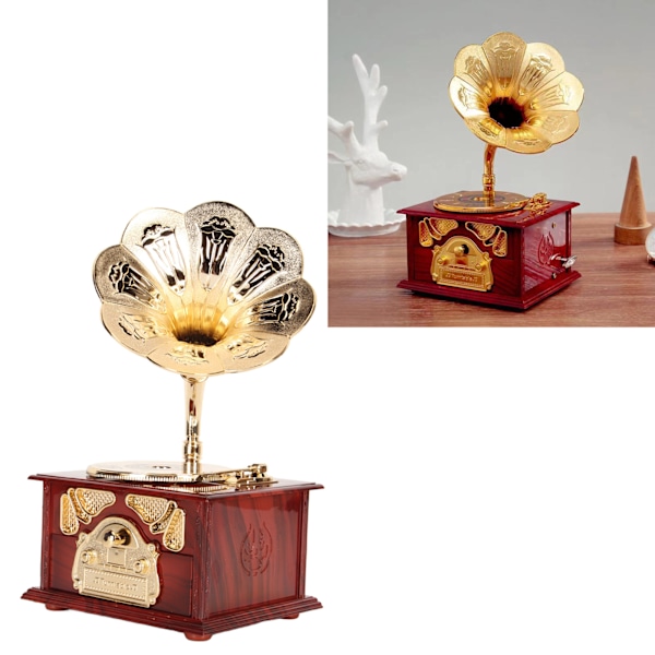 Gramophone Music Box Vintage Wood Texture European Style Exquisite Music Box for Bars Cafes Bedroom