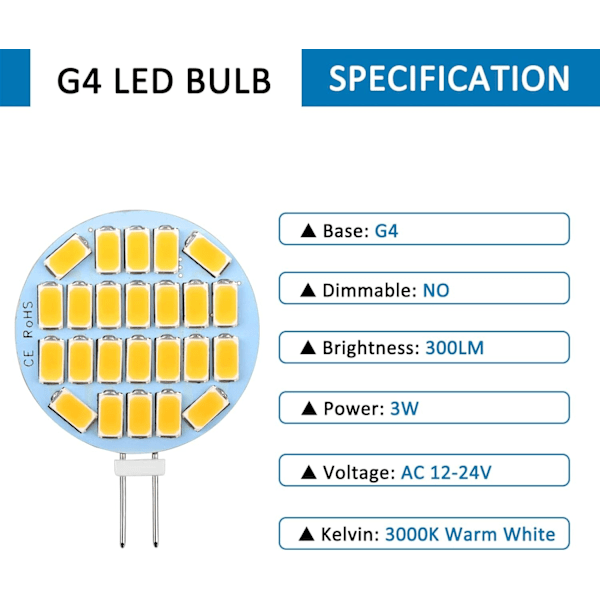 G4 LED 3W, AC12-24V, 300LM Varm Hvid 3000K, 24x5730 SMD 6-pak - WELLNGS