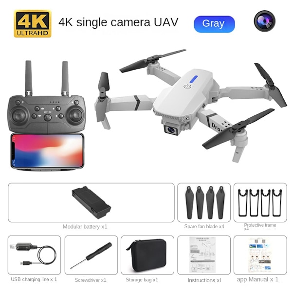 E88E525 sammenleggbar drone med høy definisjon luftfotografering hode fast høyde quadcopter fjernkontroll fly Grå 4K enkeltkamera Gray 4K single camera Dual battery