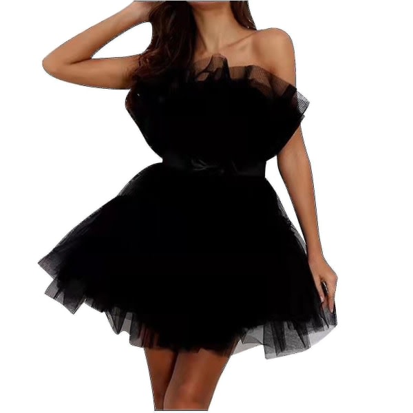 Kvinnor Tyllklänning Ärmlös kort klänning Solid Mesh Princess Steapless Party Dress_y Black 38